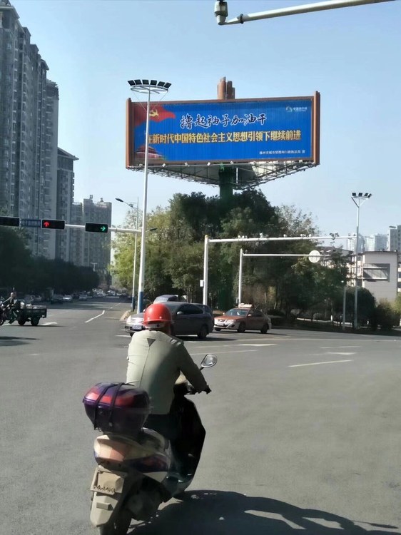 株洲市区路口的双面折角广告塔,路口车流与行道树